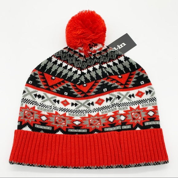 Pull In Red FairIsle Knit Beanie Hat with Pom Pom Size Boy’s OS - Picture 2 of 7